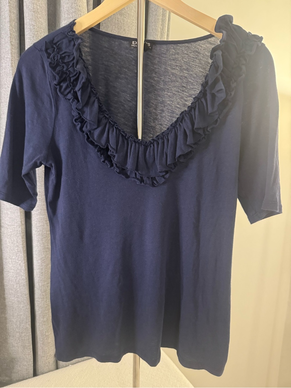 Express Navy Ruffle V-Neck Short Sleeve Tee